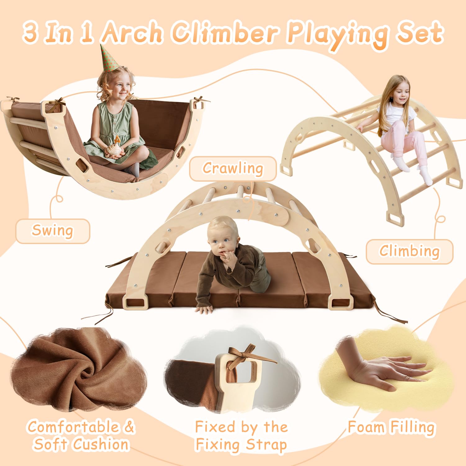 Sherilyn Kids Climber Arch Rocker with Cushion - Montessori Wooden Climbing Toy for Toddlers & Children - Indoor Playground Equipment for Home, Daycare, or Preschool - Encourages Active Play & Motor Skills Development