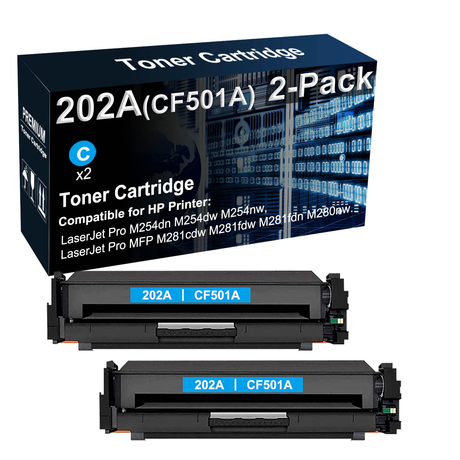 2-Pack High Yield 202A CF501A Compatible Toner Cartridge (Cyan) for HP M254dn M254dw M281cdw Printers - Perfect for Home & Office Printing Needs