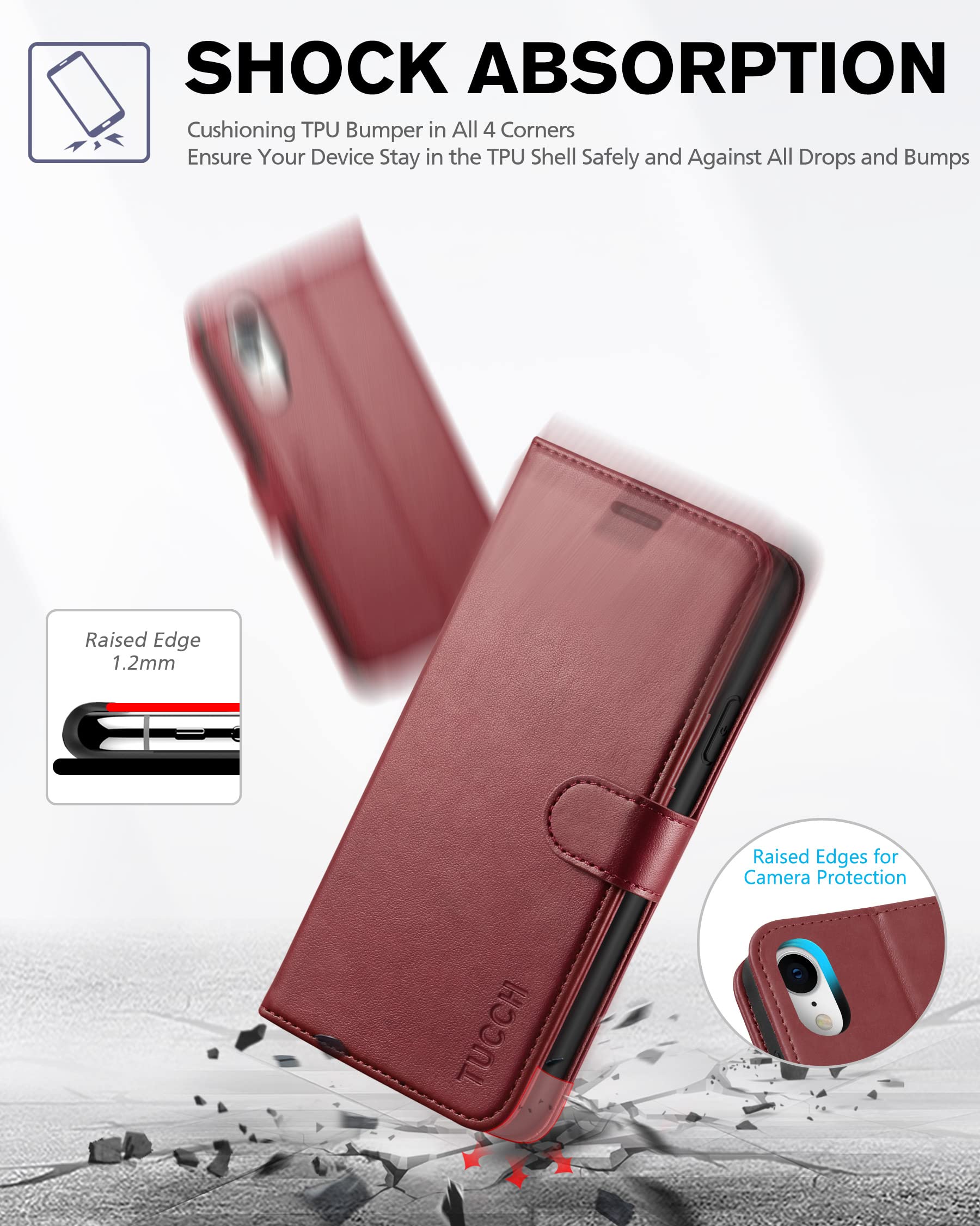 Premium PU Leather iPhone XR Wallet Case with Kickstand - RFID Blocking Credit Card Slots & Wireless Charging Compatible | Shockproof TPU Shell Protection | Perfect for Business Travel & Daily Use (Dark Red)