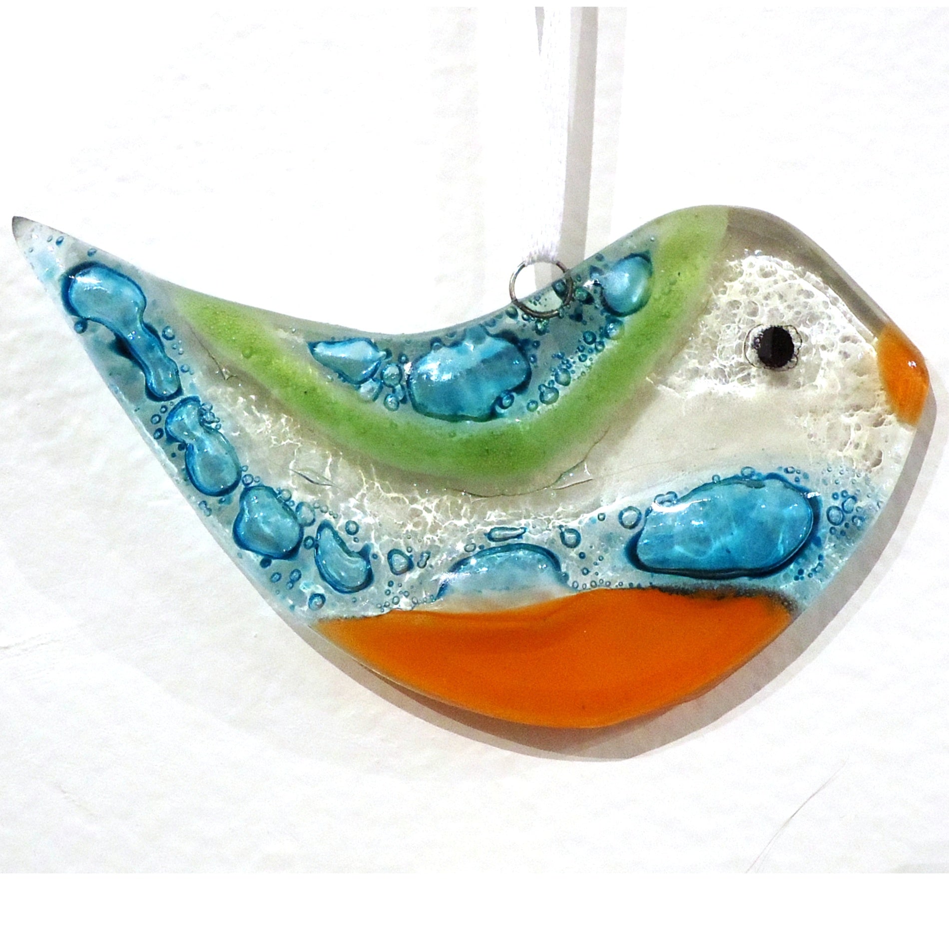 Handmade Fused Glass Bird Suncatcher - Turquoise & Orange Art Piece for Window Decor, Garden Ornament & Gift Idea
