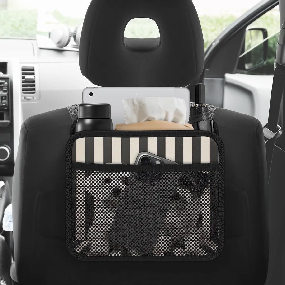 Premium PU Leather Foldable Backseat Car Organizer with Puppy Dog Stripe - Hanging Storage Bag for Car Accessories | Perfect for Road Trips, Family Travel & Pet Owners