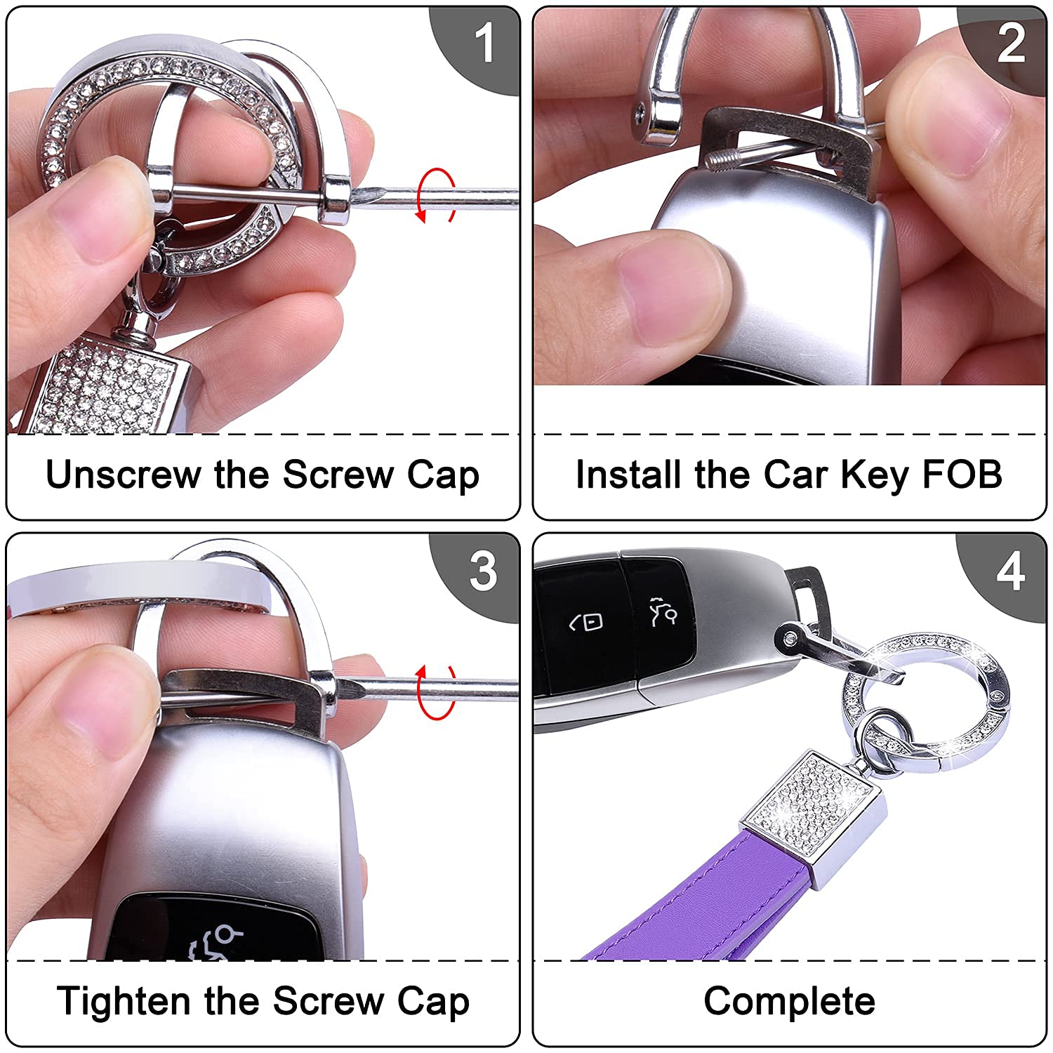 Wisdompro Bling Leather Car Keychain for Women - Genuine Leather Key FOB with Anti-Lost D-Ring & 2 Keyrings - Universal Key Holder for Car Keys (Purple) - Perfect Gift for Her, Birthday, Anniversary & Everyday Use