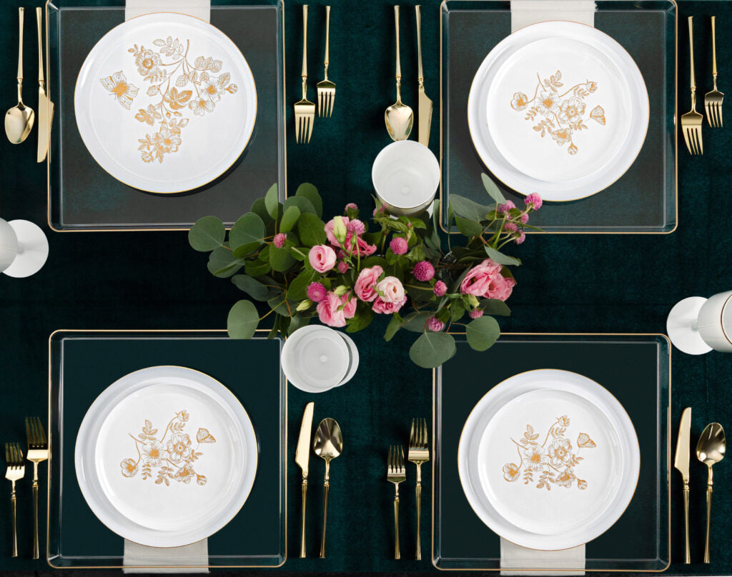 20-Pack White and Gold Round Plastic Dinnerware Set for 10 Guests - Elegant French Toile Design - Perfect for Weddings, Parties, and Outdoor Dining