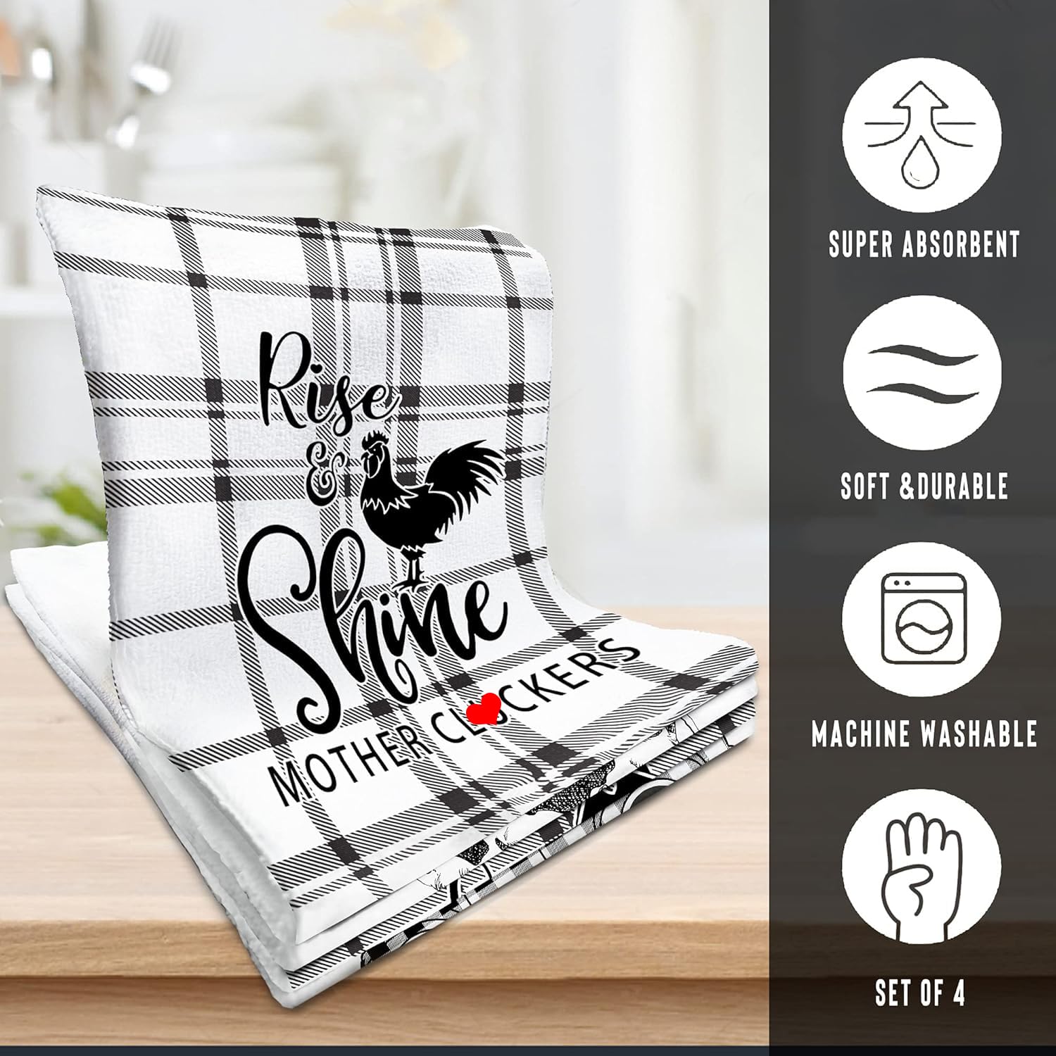 Farm Animal Themed Kitchen Towels Set of 4 - Rooster & Cow Print Cotton Dish Cloths for Drying Dishes, Farmhouse Decor Tea Towels, Perfect Housewarming Gifts for New Home | Ideal for Kitchen Use, Dish Drying, and Farmhouse Style Home Decor