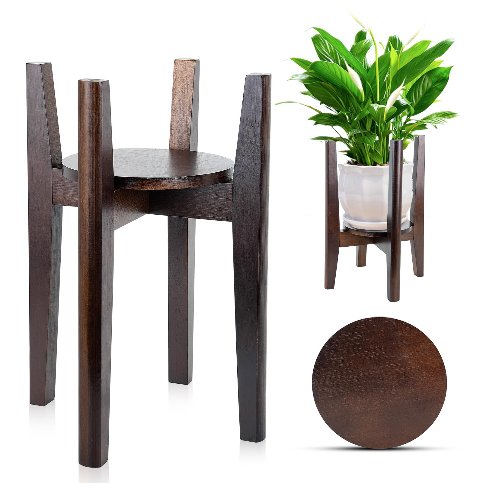 Adjustable Wooden Plant Stand with Tray - Mid Century Modern Indoor Flower Pot Holder for 8