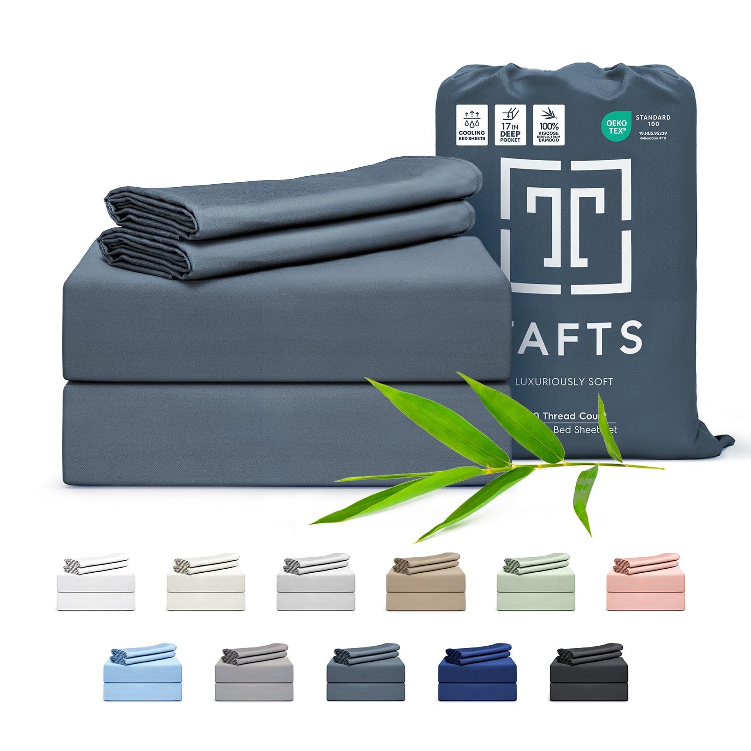 Tafts Queen Sheets Set - 100% Bamboo Viscose Bedding, Ultra Soft & Cooling, Double Stitched for Durability (Slate Blue) | Perfect for Hot Sleepers & Luxury Bedroom Decor