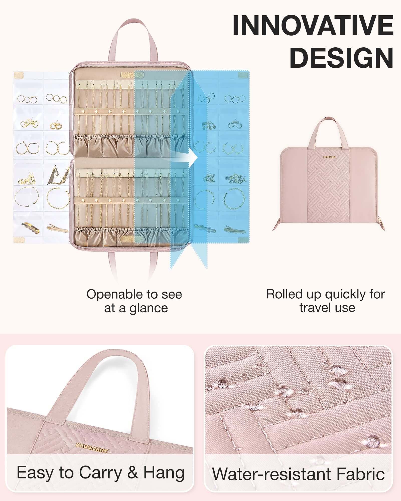 BAGSMART Large Pink Travel Jewelry Organizer Case - Portable Jewelry Roll Bag with Foldable Transparent Pockets for Earrings, Rings, Bracelets | Tangle-Free Necklace Storage | Perfect for Travel, Vacation & Business Trips