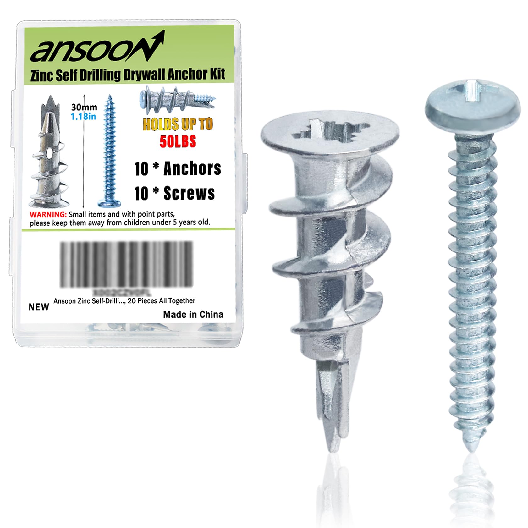 Heavy Duty Zinc Self-Drilling Drywall Anchors Kit - 10 Hollow Wall Anchors + 10#8 x 1-1/4'' Screws (20 Pcs) for Secure Hanging & Mounting - Perfect for Pictures, Shelves, Mirrors & Home Decor