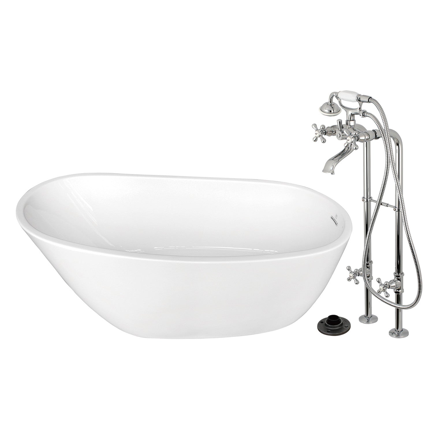 Arcticstone 59 Inch Acrylic Oval Freestanding Bathtub with Faucet Combo - Glossy White/Polished Chrome - Modern Soaking Tub for Spa-Like Relaxation in Master Bathroom
