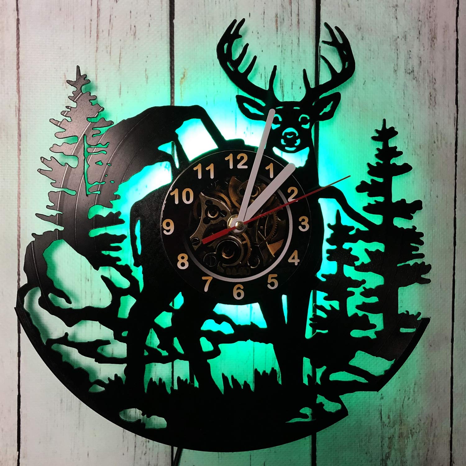 Vintage LED Wall Clock with Deer Wood Design - Handmade Vinyl Art, Backlight Night Light for Living Room, Bedroom & Office Decor (Green) | Perfect for Home, Office & Gift Giving