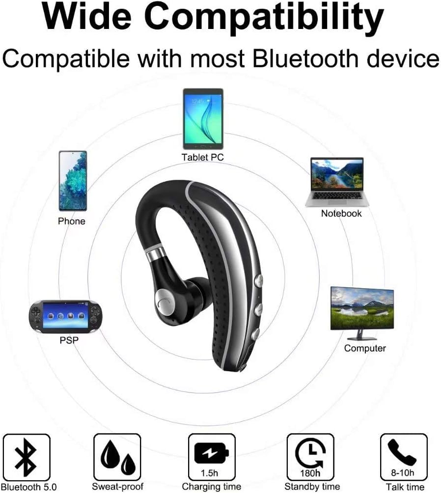 Wireless Bluetooth Headset V5.0 with Noise Cancelling Mic - Lightweight Business Earphone for Android & iPhone - Perfect for Driving, Trucking & Office Use (Grey)