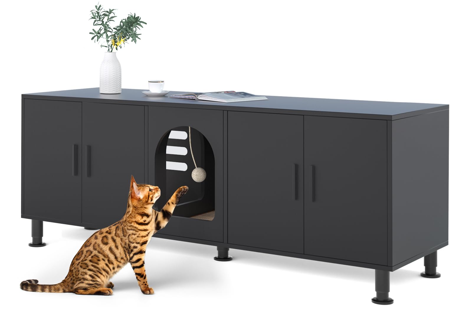 Wooden Cat Litter Box Enclosure Furniture for 2 Cats - Double Room Design with Cat Door, Black Finish with Legs - Perfect for Home, Apartment & Multi-Cat Households