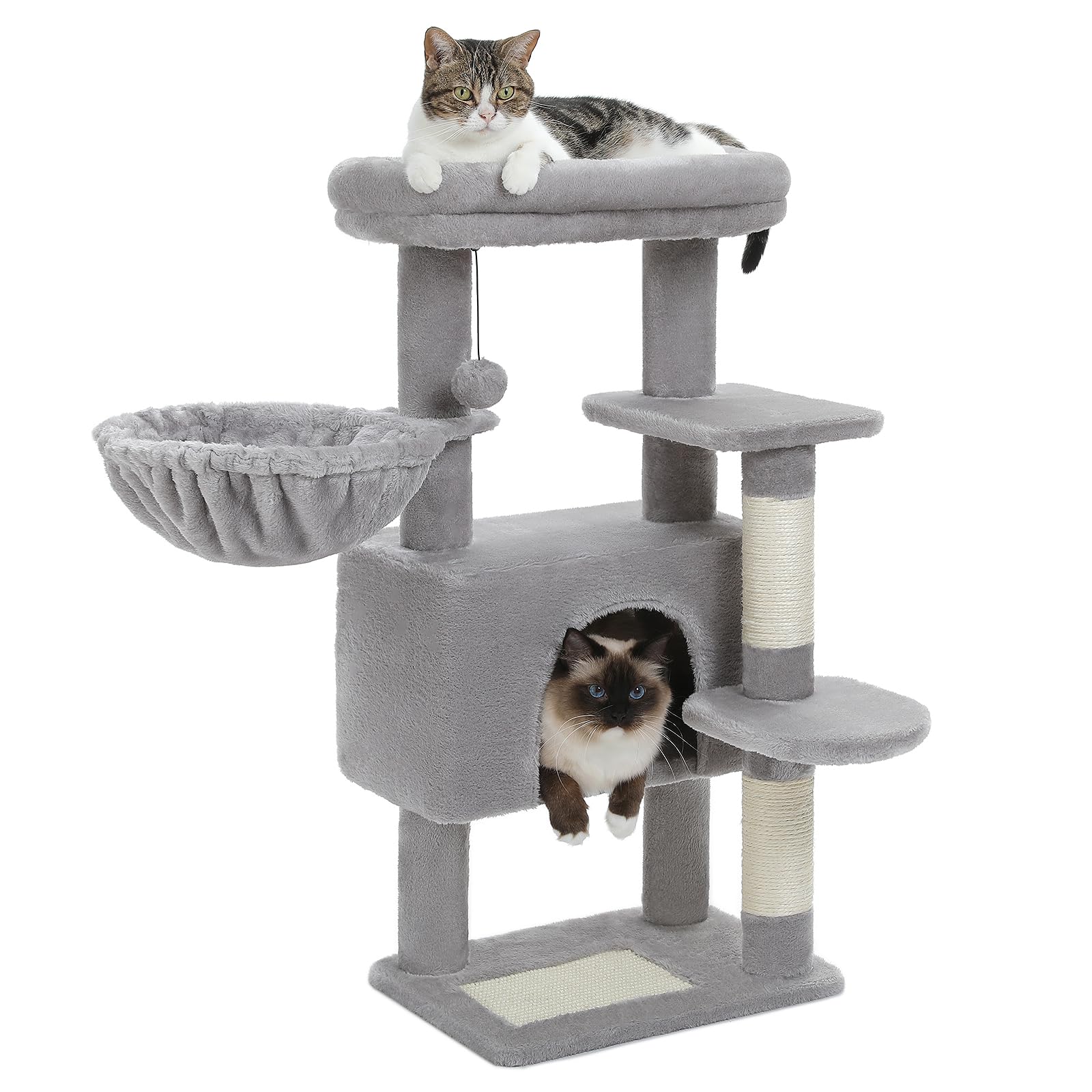 PEQULTI 34.6 Inch Cat Tree for Indoor Cats - Multi-Level Cat Tower with Large Hammock, Cozy Condo House & Scratching Post - Durable Cat Activity Tree with Removable Top Bed (Grey) - Perfect for Small Spaces & Playful Kittens