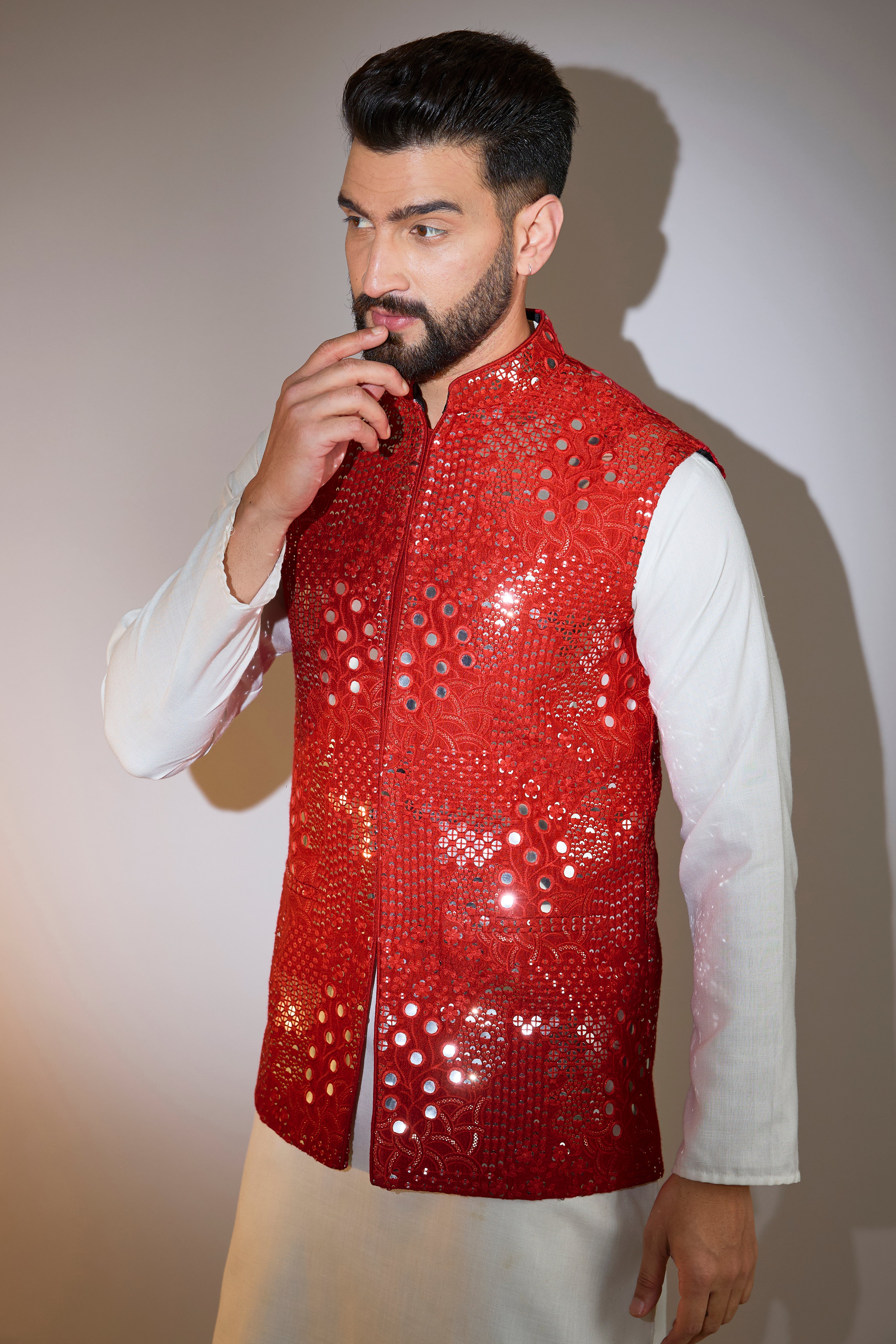 Red Mirror Work Short Jacket - Stylish Embroidered Denim Jacket for Women | Perfect for Casual Outings, Parties & Boho Fashion