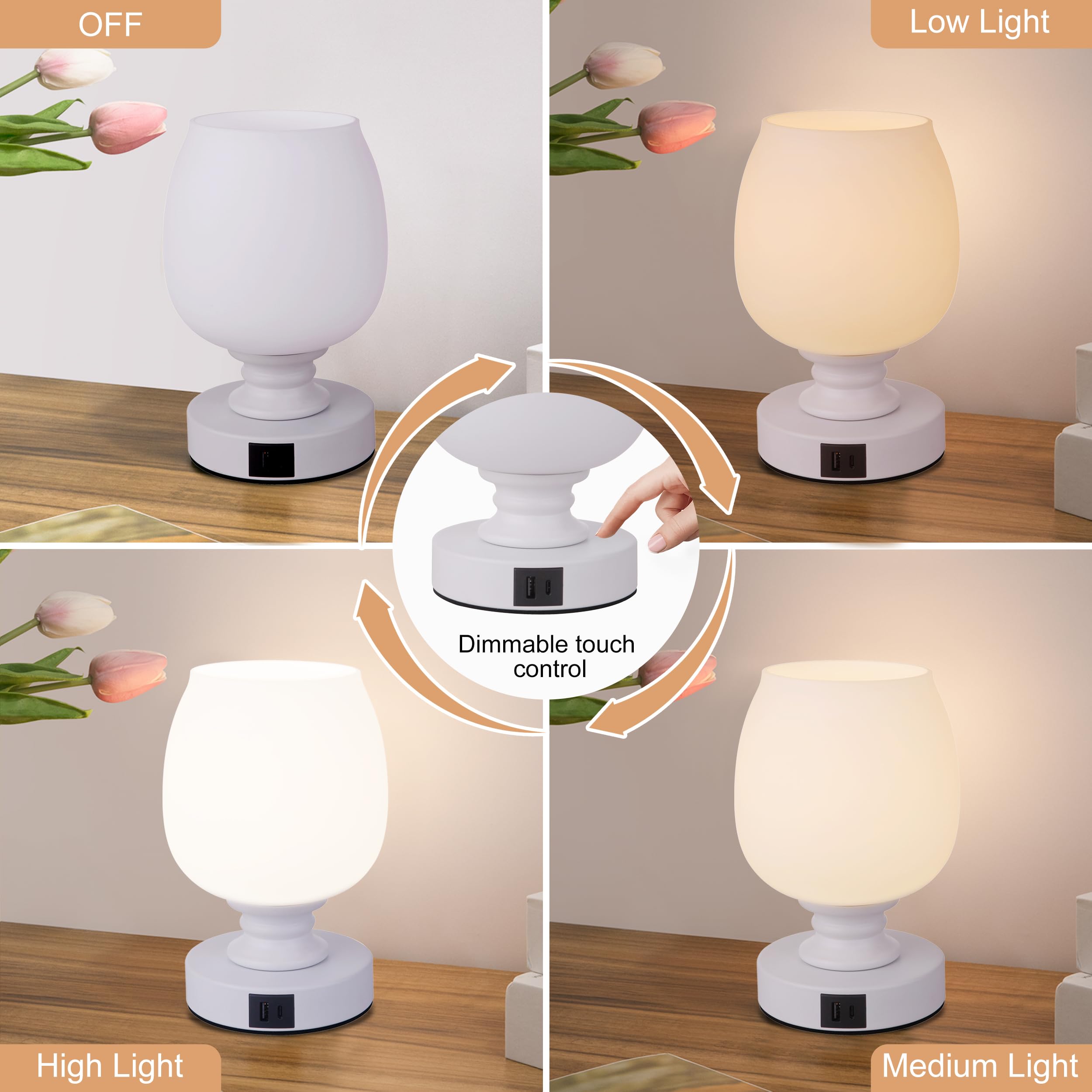 Modern Touch Control Bedside Lamp with 2 USB Ports & 3-Way Dimmable Light - Flower Glass Shade Nightstand Lamp for Bedroom, Living Room, Office, Nursery - Perfect for Reading, Working & Relaxing