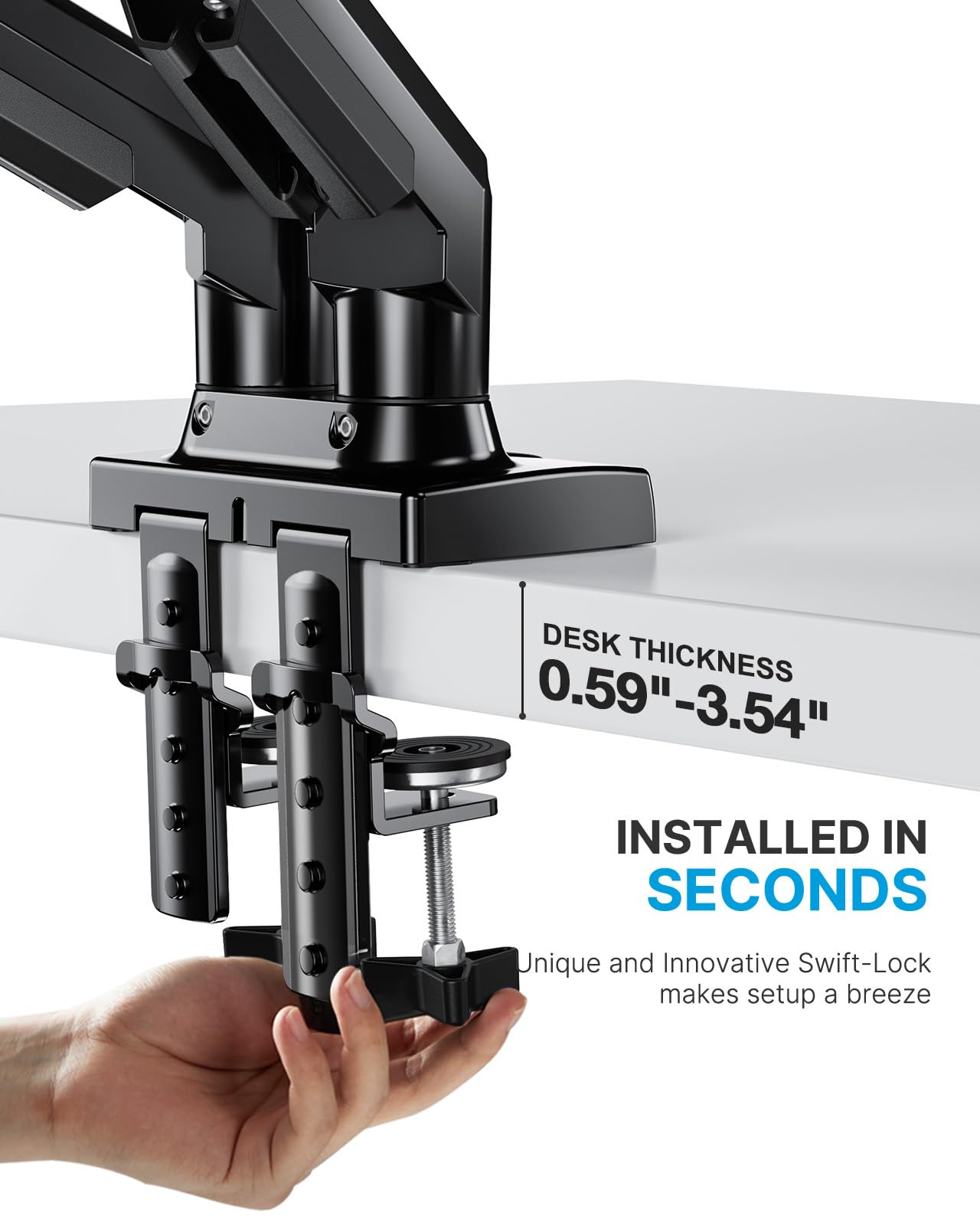 HUANUO Dual Monitor Stand - Full Adjustable VESA Mount with C-Clamp & Reinforcement Plate for Thin & Glass Desktops - Perfect for Home Office & Gaming Setup
