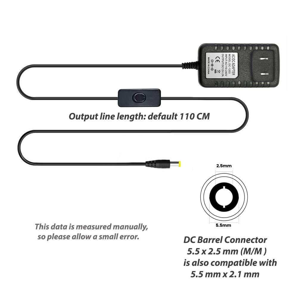 Arotelicht 12V 2A Power Adapter 24W with On/Off Switch - AC/DC Converter 100-240V for LED Strip Lights (SMD 3528/5050 RGB, 5.5mm x 2.1mm Jack) - Perfect for Home Lighting, DIY Projects & Decorative Accents