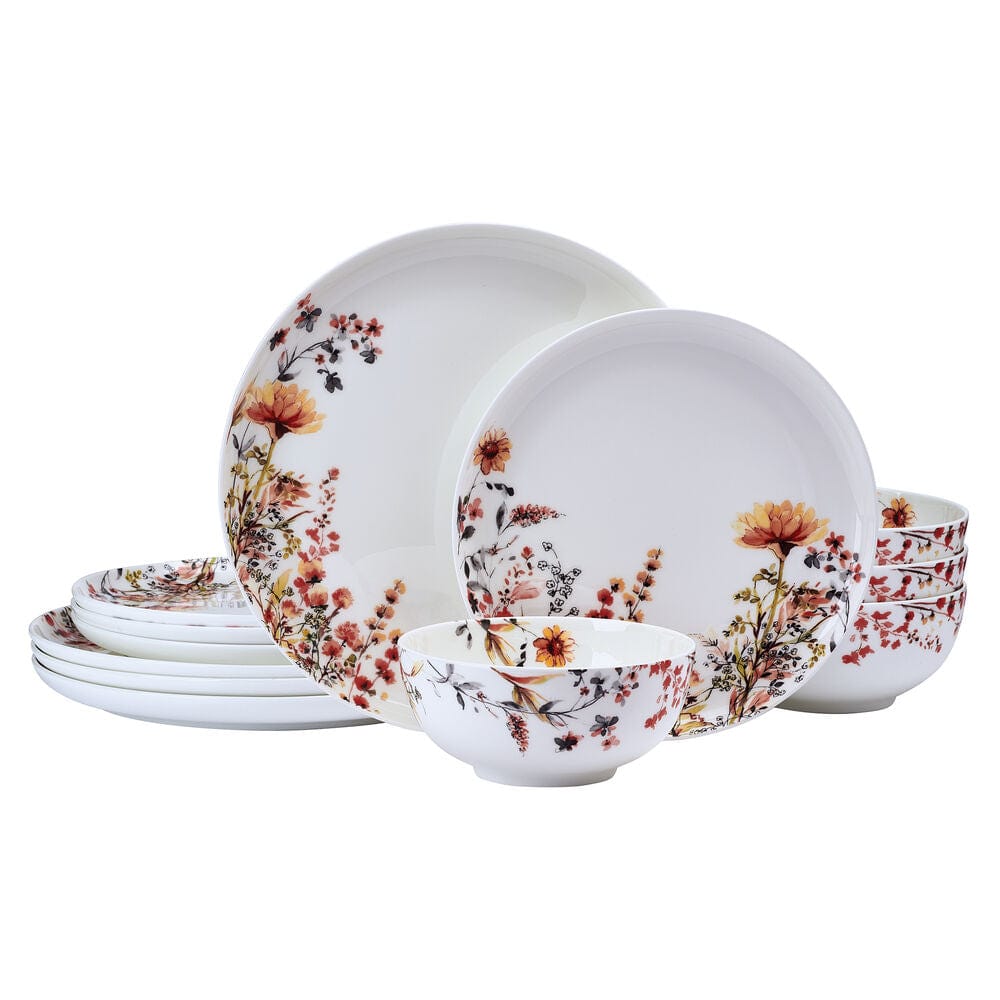 Wildflower Bliss 12-Piece Dinnerware Set - Porcelain Plates, Bowls & Mugs for 4 - Elegant Floral Design for Everyday Dining, Dinner Parties & Home Decor