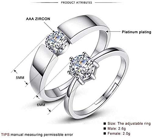 MEENAZ Couple Rings Set for Women & Men - CZ Solitaire Engagement Rings, American Diamond Heart Love Bands, Adjustable Valentine's Day Gift for Girlfriend/Boyfriend (Silver, Platinum Finish) - Perfect for Proposals, Anniversaries & Romantic Occasions