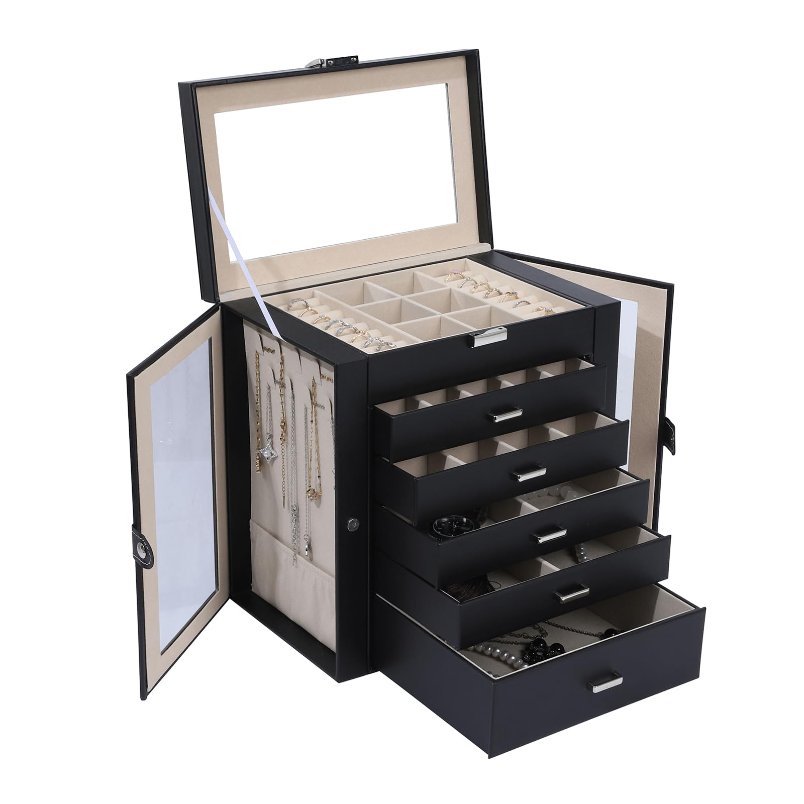 BOOVO 6-Layer Large Jewelry Organizer Box with Mirror & Lock - Multi-Function Storage Case for Women - 5 Drawers Accessory Holder for Earrings, Necklaces, Rings & Bracelets (Clear Black) - Perfect for Bedroom, Vanity & Travel Organization