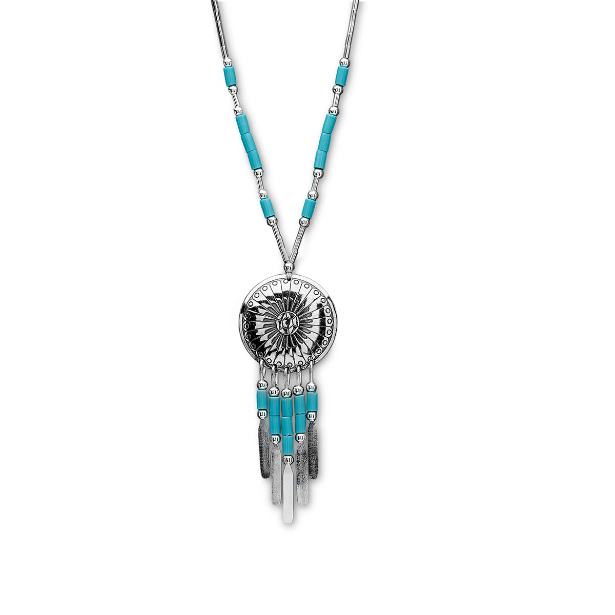Authentic Native American Concho Style Turquoise & Silver Beaded Necklace - Handmade Southwest Jewelry for Women, Boho Fashion & Special Occasions