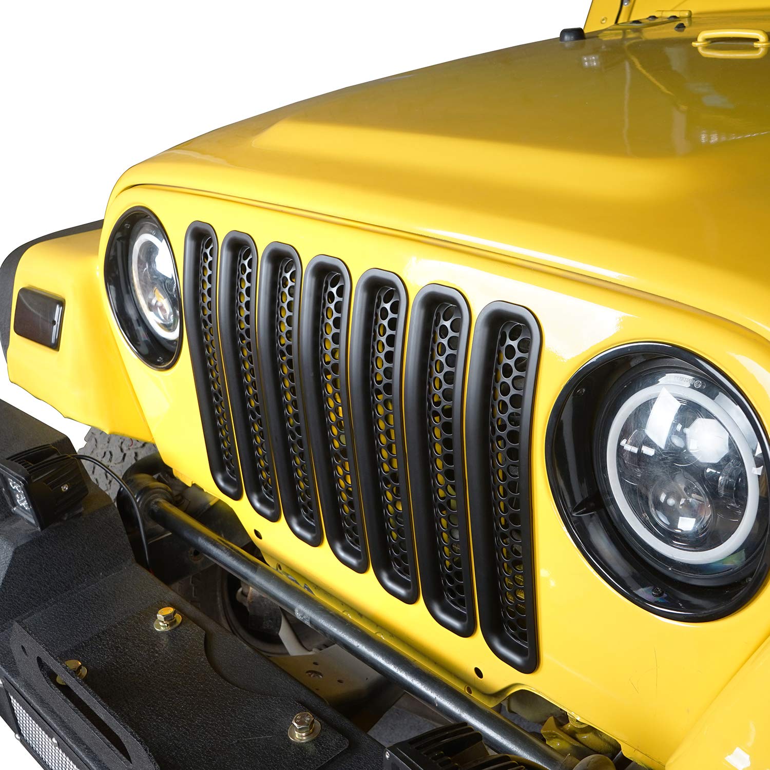 Hooke Road Black Front Grill Mesh Inserts - Honeycomb Grille Guards for 1997-2006 Jeep Wrangler TJ & Unlimited (7-Piece Set) - Durable Off-Road Protection & Custom Style Upgrade for Jeep Enthusiasts