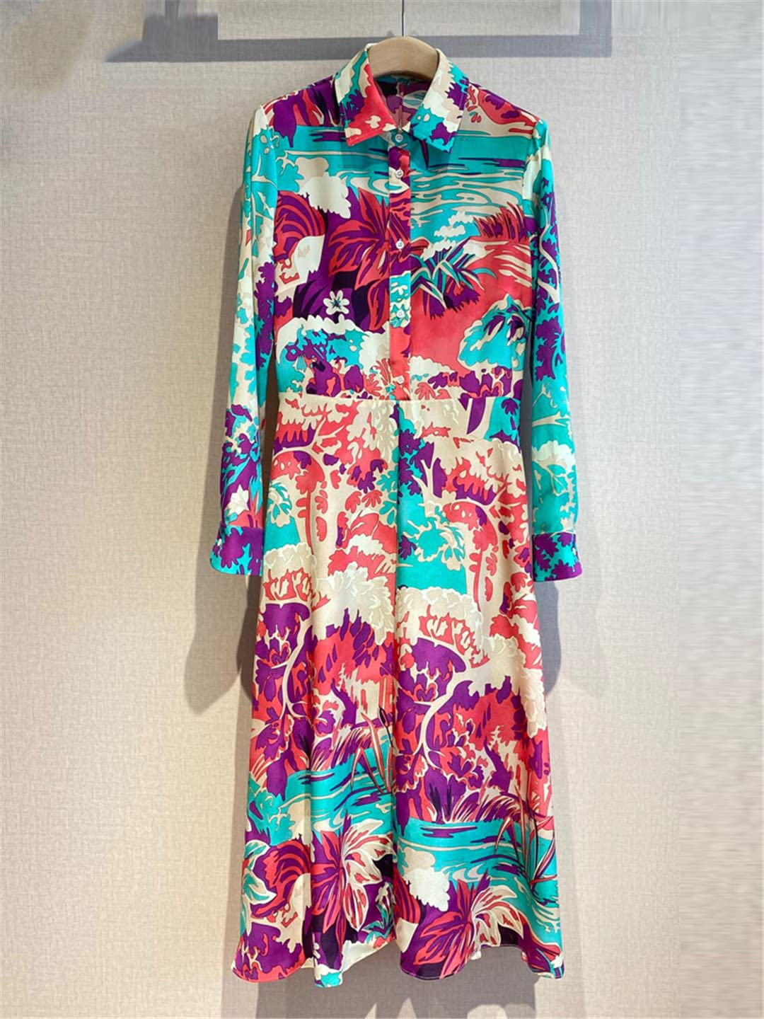 Vintage 100% Silk Women's Dress - Floral Print Turn-Down Collar Party Dress for Spring Summer 2022 | Elegant Formal Wear for Weddings, Cocktails & Special Occasions