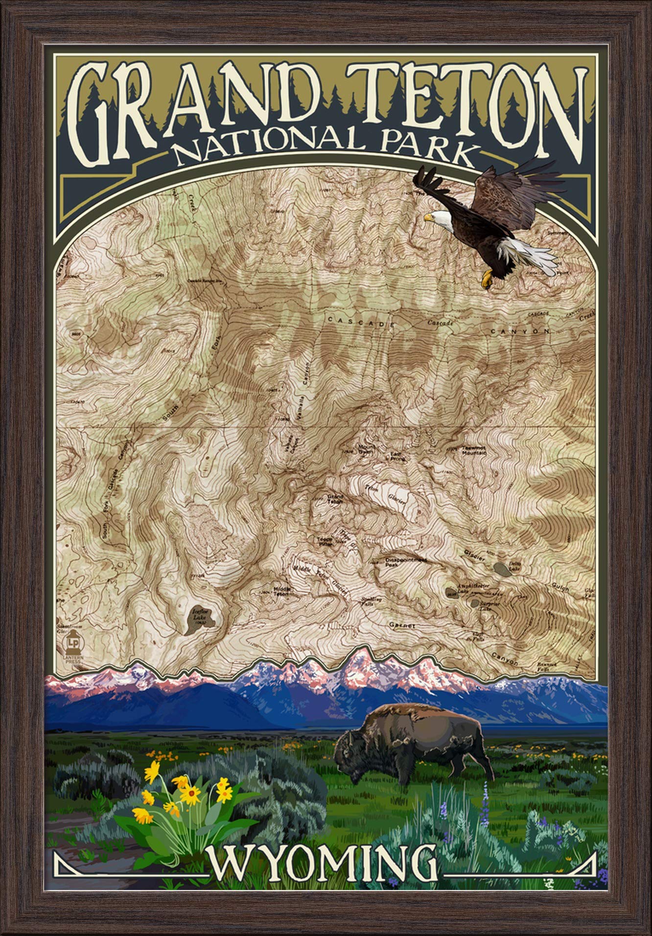 Grand Teton National Park Wyoming Topographic Map - 16x24 Inch Giclee Fine Art Print with Recycled Wood Frame in Espresso Brown - Perfect for Home Office Decor, Nature Lovers Gift & Western Wall Art