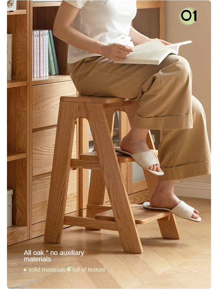 Solid Oak Wood Step Stool - Sturdy 2-Step Ladder for Kitchen, Bathroom & Kids - Non-Slip Safety Footrest for Home, Office & Closet Organization