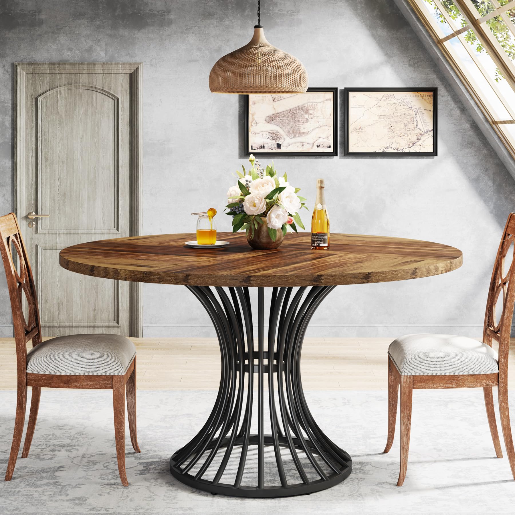 Tribesigns 47-Inch Round Dining Table for 4-6 People, Farmhouse Kitchen Table with Metal Base, Industrial Style Circle Dinner Table for Kitchen, Living Room, Dining Room - Black and Brown Finish, Perfect for Family Meals and Entertaining Guests