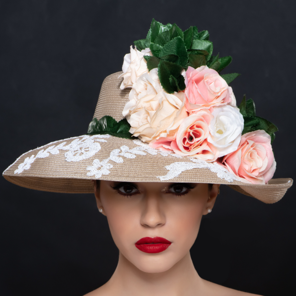 NA1417 Women's Tan Floral Dress Hat with Green Leaf Trim - Perfect for Weddings, Garden Parties & Summer Outfits
