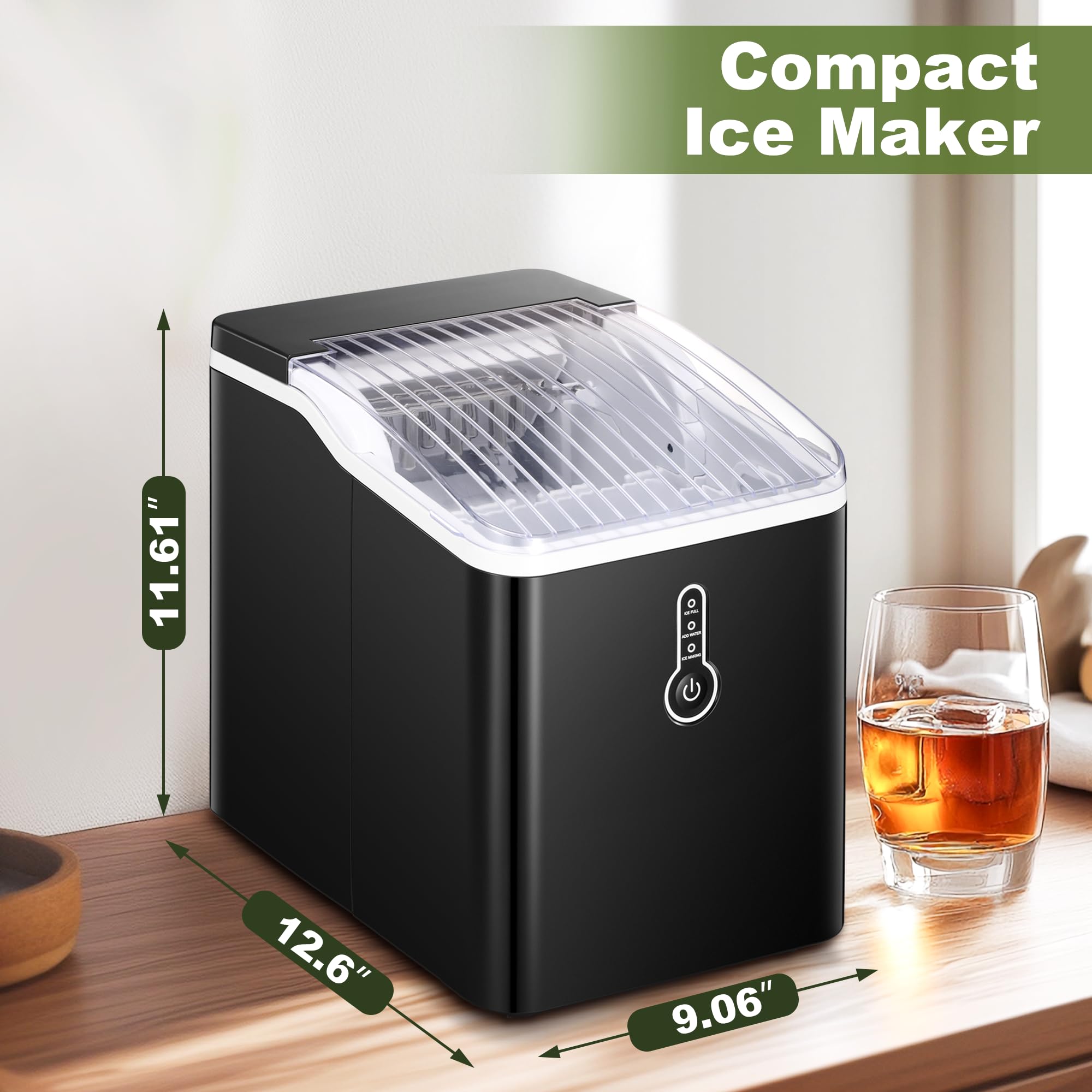 NicBex Countertop Ice Maker Machine - 26Lbs/24H, Self-Cleaning Portable Ice Maker with Ice Scoop & Basket, Makes 9 Cubes in 8 Minutes - Perfect for Home Kitchen, Office, Bar, Parties & Outdoor Events (Black)