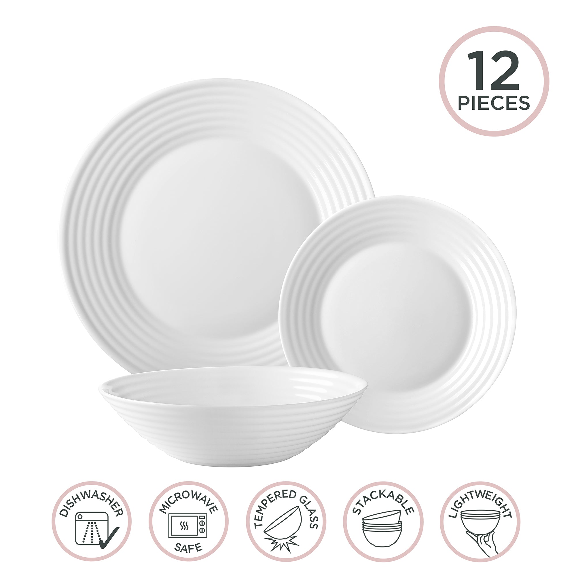 Pearl Ripple 12-Piece Dinnerware Set - Elegant Porcelain Plates, Bowls & Cups for Family Dining, Dinner Parties & Special Occasions
