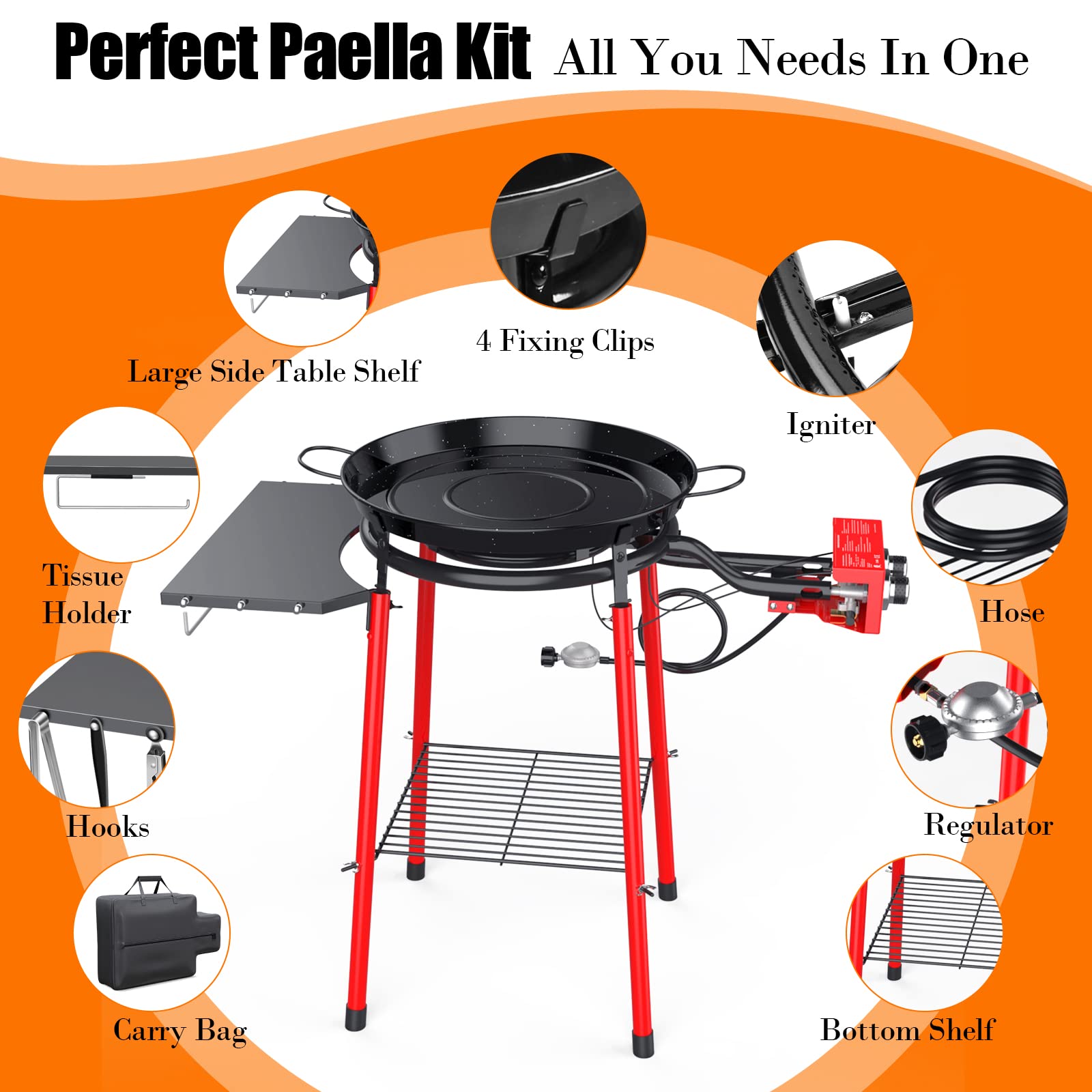 18 Inch Professional Paella Pan and Burner Set with Stand - Includes Carry Bag, Built-In Ignitor & Regulator Hose - Perfect for Outdoor Cooking, Parties & Spanish Cuisine (12 Servings)