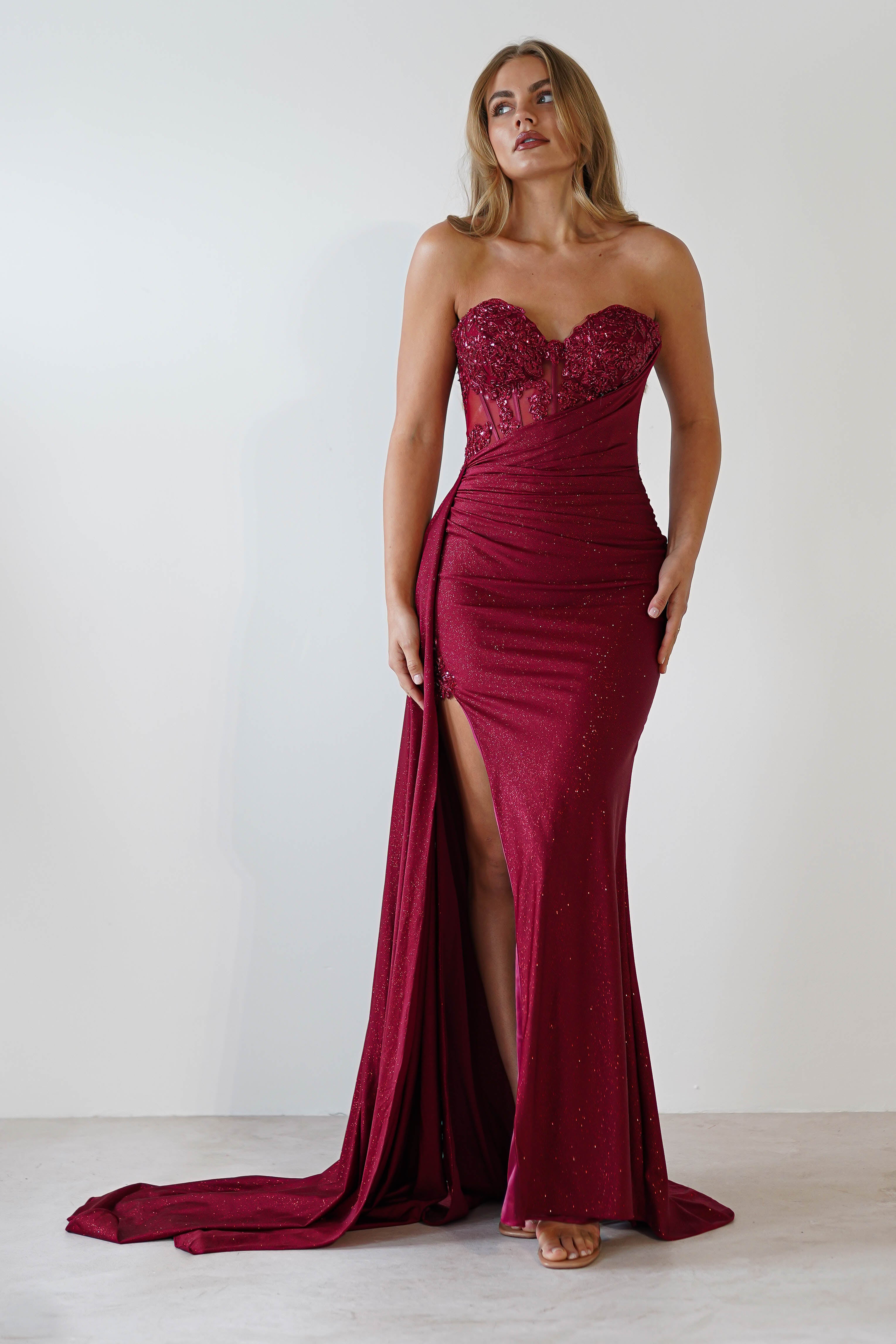 Lavelle Glitter Bodycon Gown - Burgundy Red Sequin Party Dress for Women | Perfect for Evening Events, Prom, Cocktail Parties & Special Occasions
