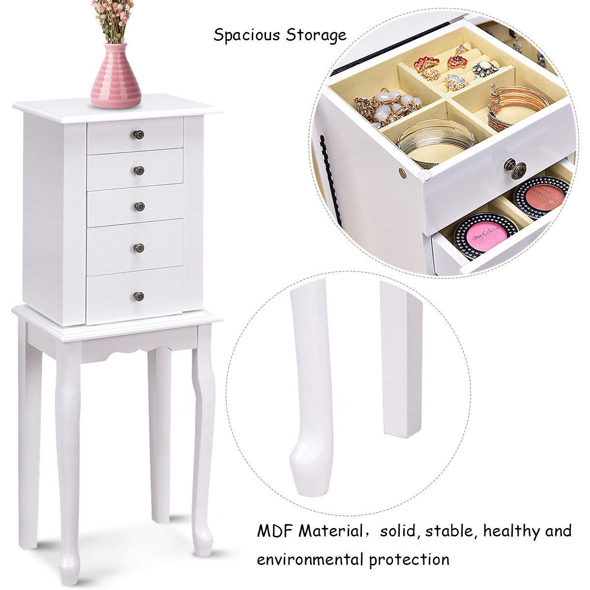 GOFLAME Wooden Jewelry Cabinet Armoire with Full-Length Mirror - 5 Drawers & 2 Doors Jewelry Storage Organizer, Large Standing Jewelry Box for Necklaces, Rings & Accessories - Perfect for Bedroom, Closet or Dressing Room (White)