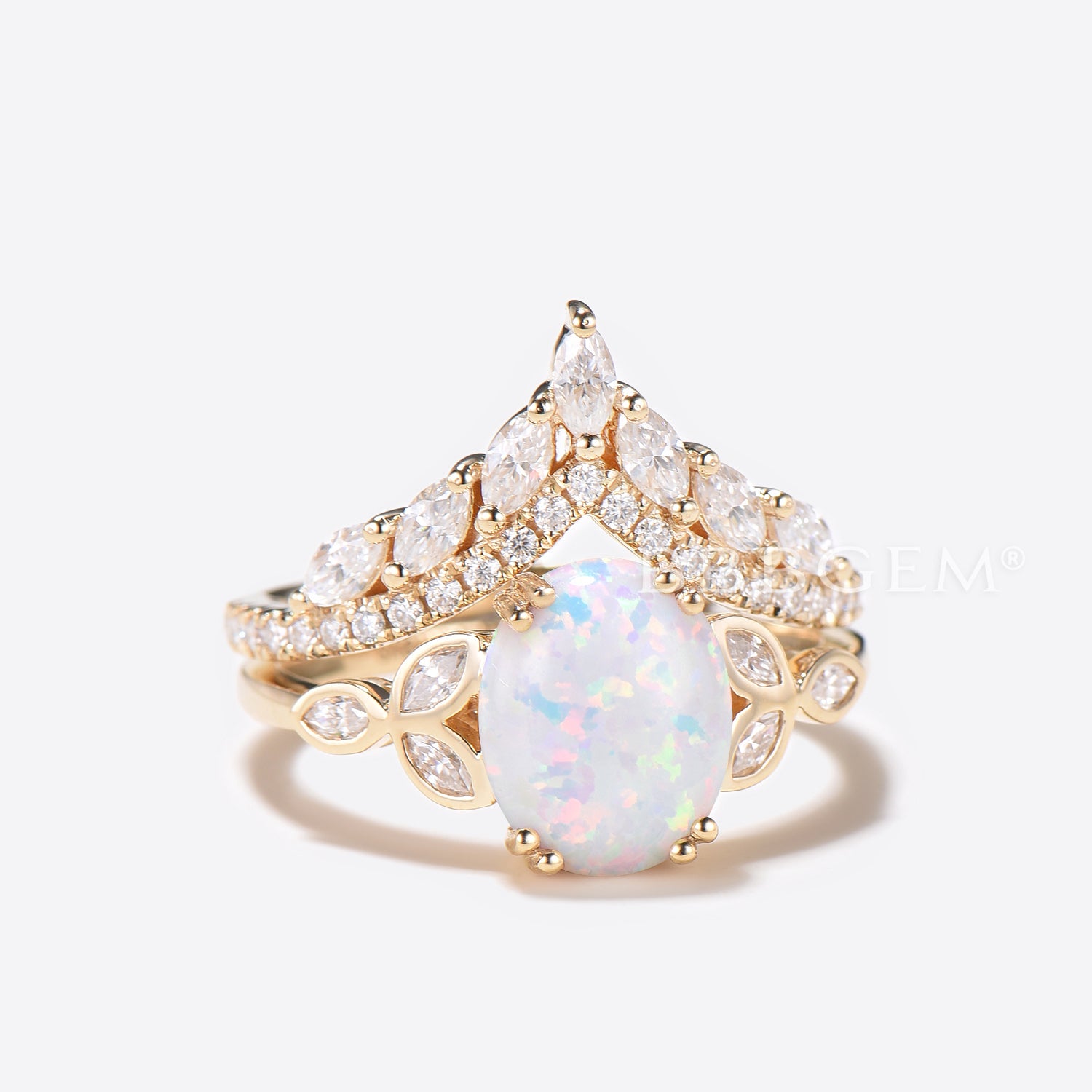 White Opal Leaf Moissanite Engagement Ring & Wedding Band Set in Rose Gold – Unique Bridal Jewelry for Proposals, Anniversaries, and Special Occasions