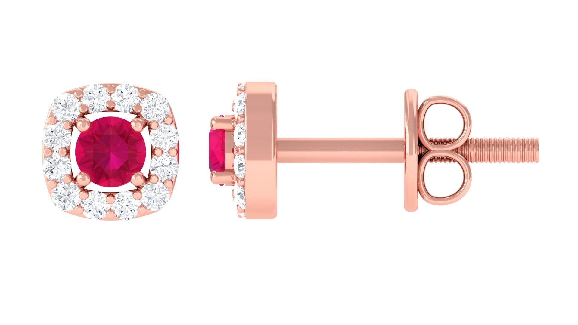 14K Solid Gold Round Ruby Stud Earrings with Floating Halo - Genuine Ruby and Diamond Earrings for Women - Perfect for Weddings, Anniversaries & Special Occasions