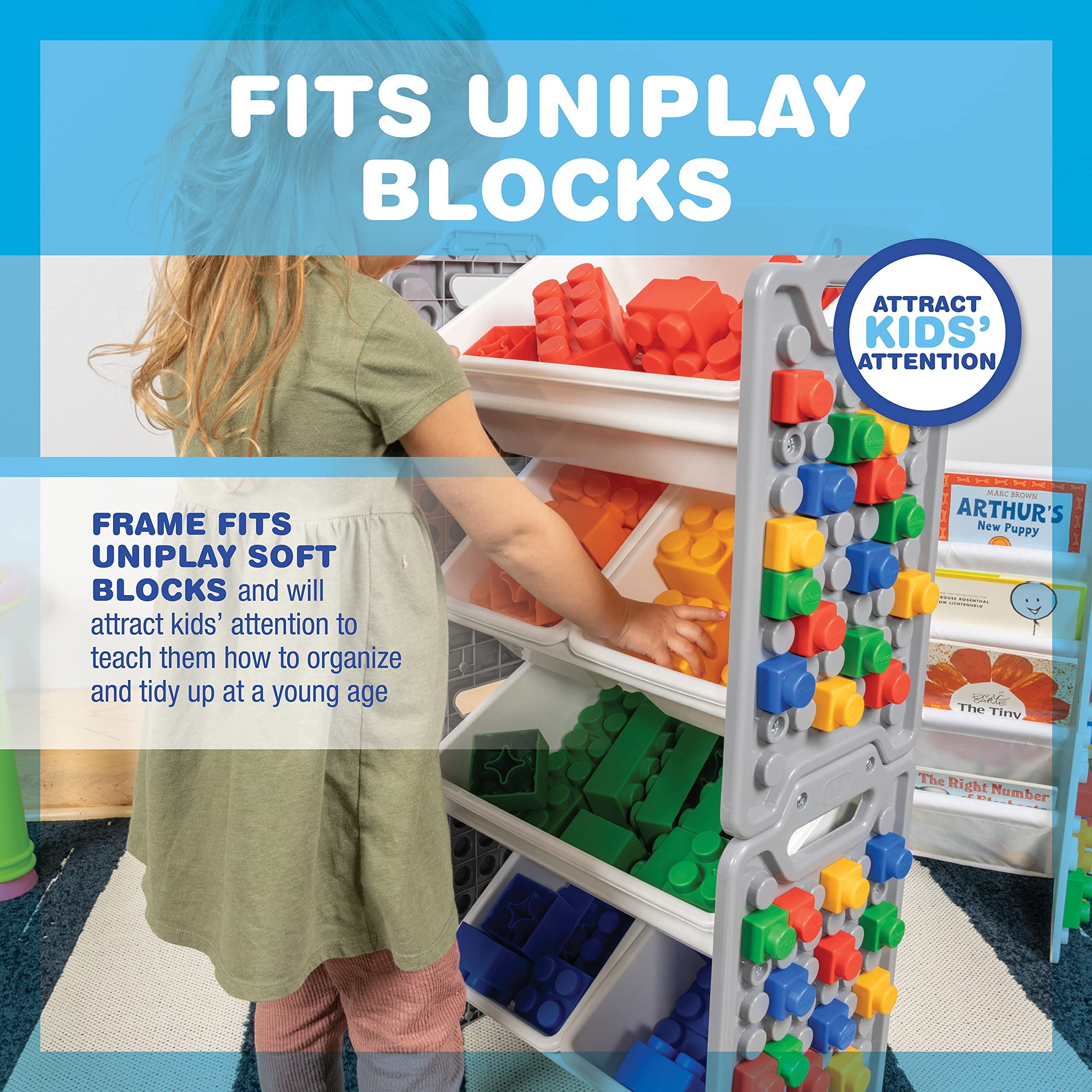 UNiPLAY 6-Bin Toy Storage Organizer with Removable Bins - Kids Bookshelf for Building Blocks, School Supplies & Toys - Sturdy Baseplate Frame (Gray) - Perfect for Playrooms, Classrooms & Home Organization