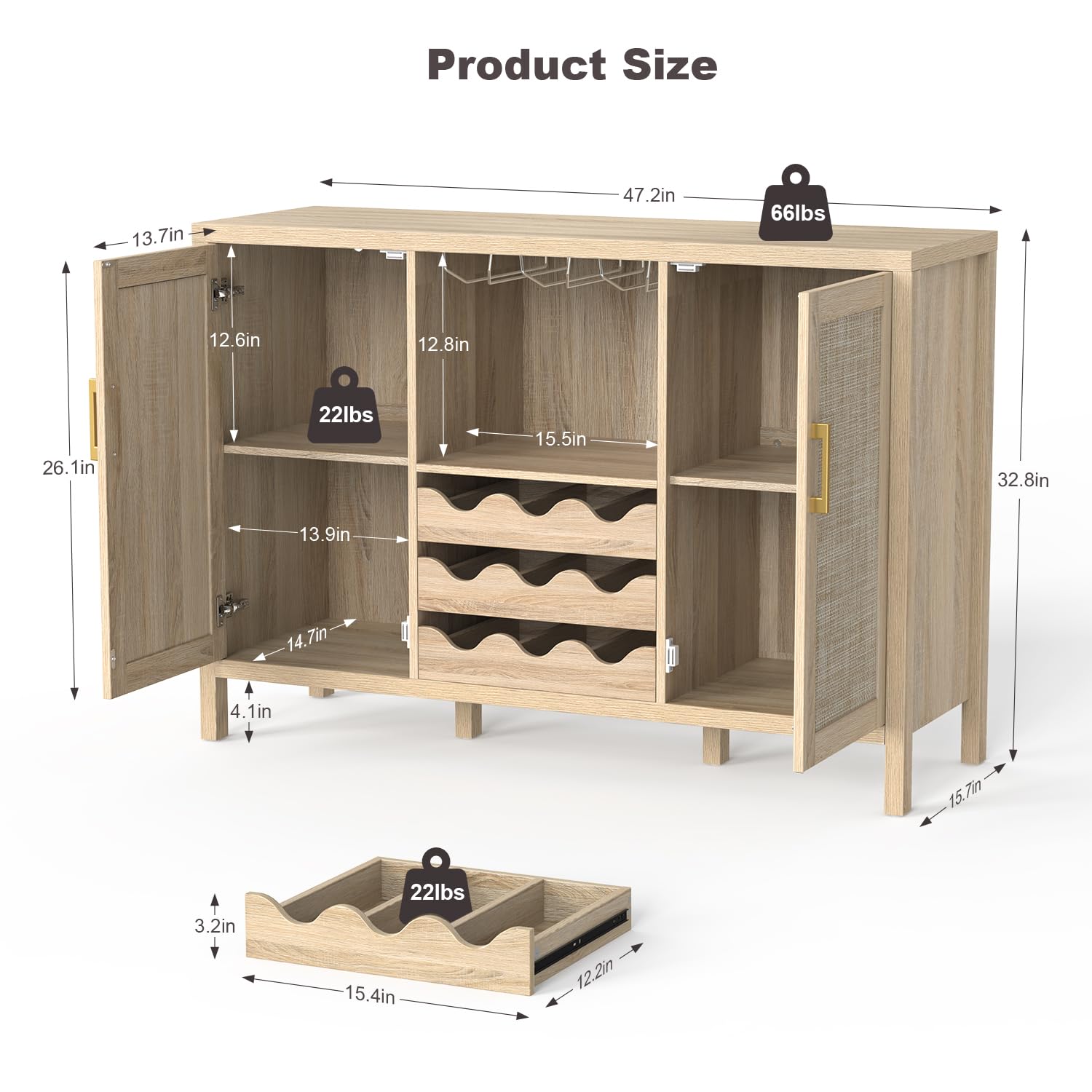 Boho Rattan Wine Bar Cabinet with Glass Holder & Drawer Style Wine Racks - Oak Sideboard Buffet Storage Cabinet for Living Room, Dining Room & Kitchen - Perfect for Home Entertaining & Wine Storage