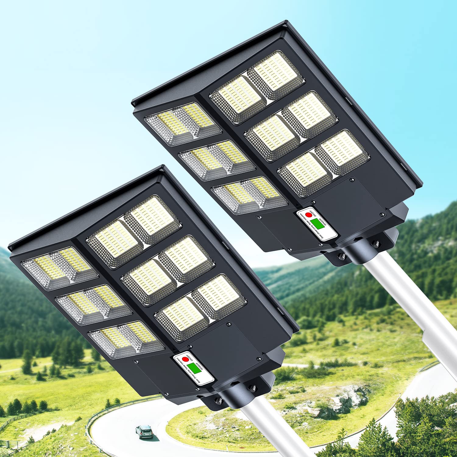 600W Solar Street Lights Outdoor Waterproof - 60000LM High Brightness LED Lamp with Motion Sensor & Remote Control - Dusk to Dawn Lighting for Parking Lots, Yards, Gardens, Patios - Ideal for Stadiums, Piazzas & Large Outdoor Areas (2 Pack)
