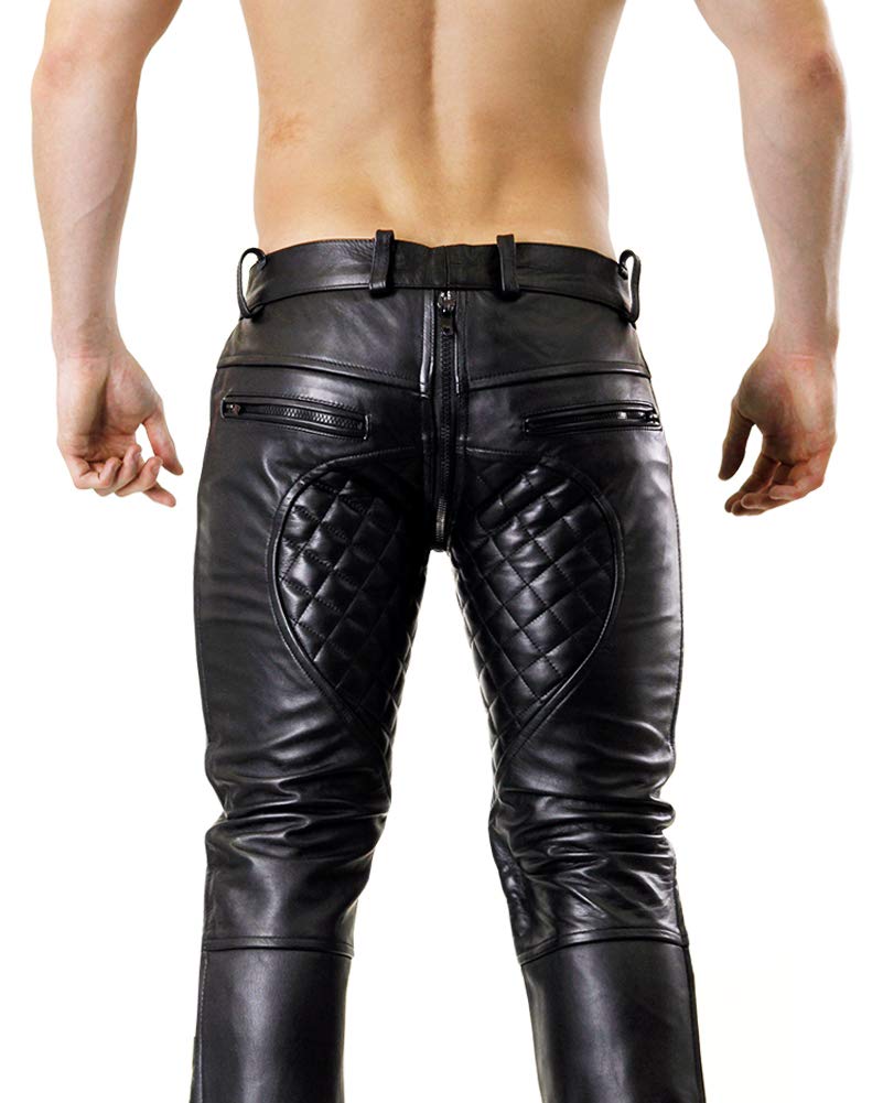 Bockle® 5 Pocket Quilted Jeans Leather Pants for Men - Full Zip Front, Stylish Motorcycle Biker Trousers for Riding & Casual Wear