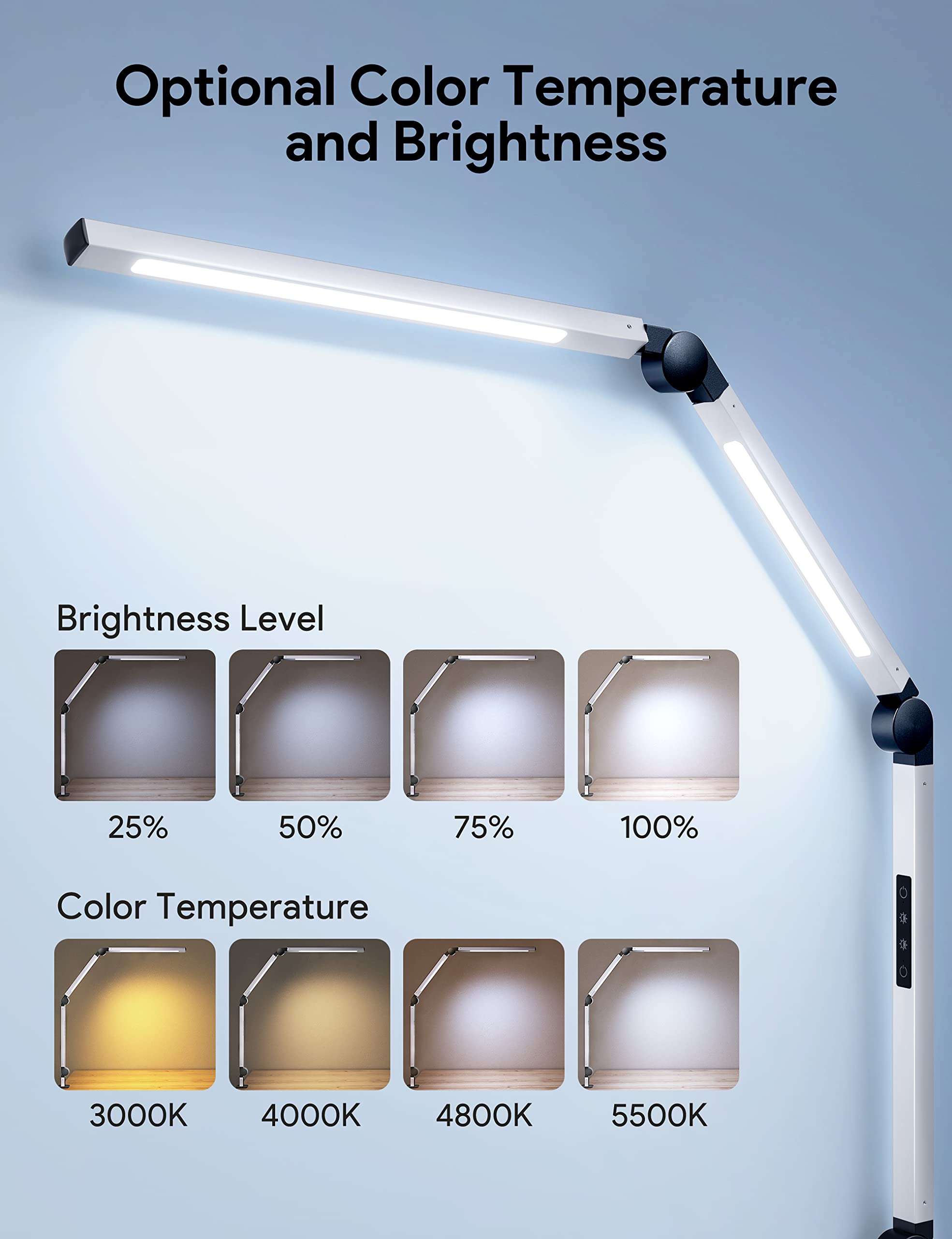 MediAcous LED Desk Lamp with Clamp - Adjustable Swing Arm, 4 Color Modes & 4 Brightness Levels, Dimmable Eye-Caring Light with Memory Function - Perfect for Home Office, Study, Reading & Crafting (White)