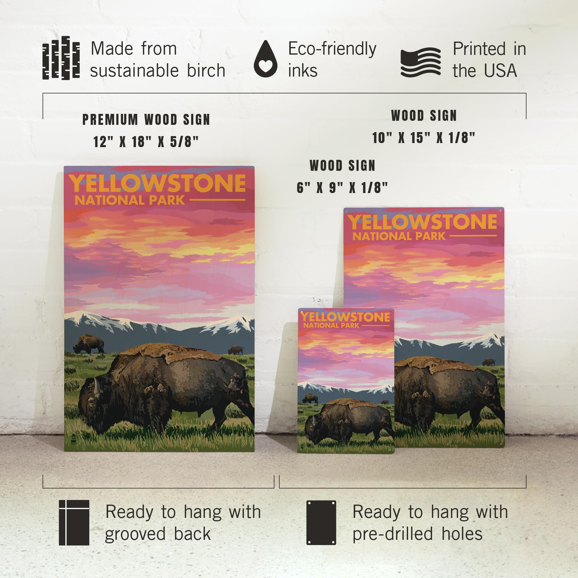 Lantern Press 12x18 Inch Premium Wood Wall Sign - Yellowstone National Park Bison Sunset Art - Ready to Hang Home Decor for Living Room, Bedroom, or Office
