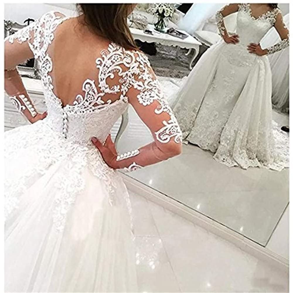 Elegant Long Sleeve Lace Mermaid Wedding Dress with Detachable Train - Romantic Bridal Gown for Women | Perfect for Church Ceremonies, Beach Weddings & Formal Receptions
