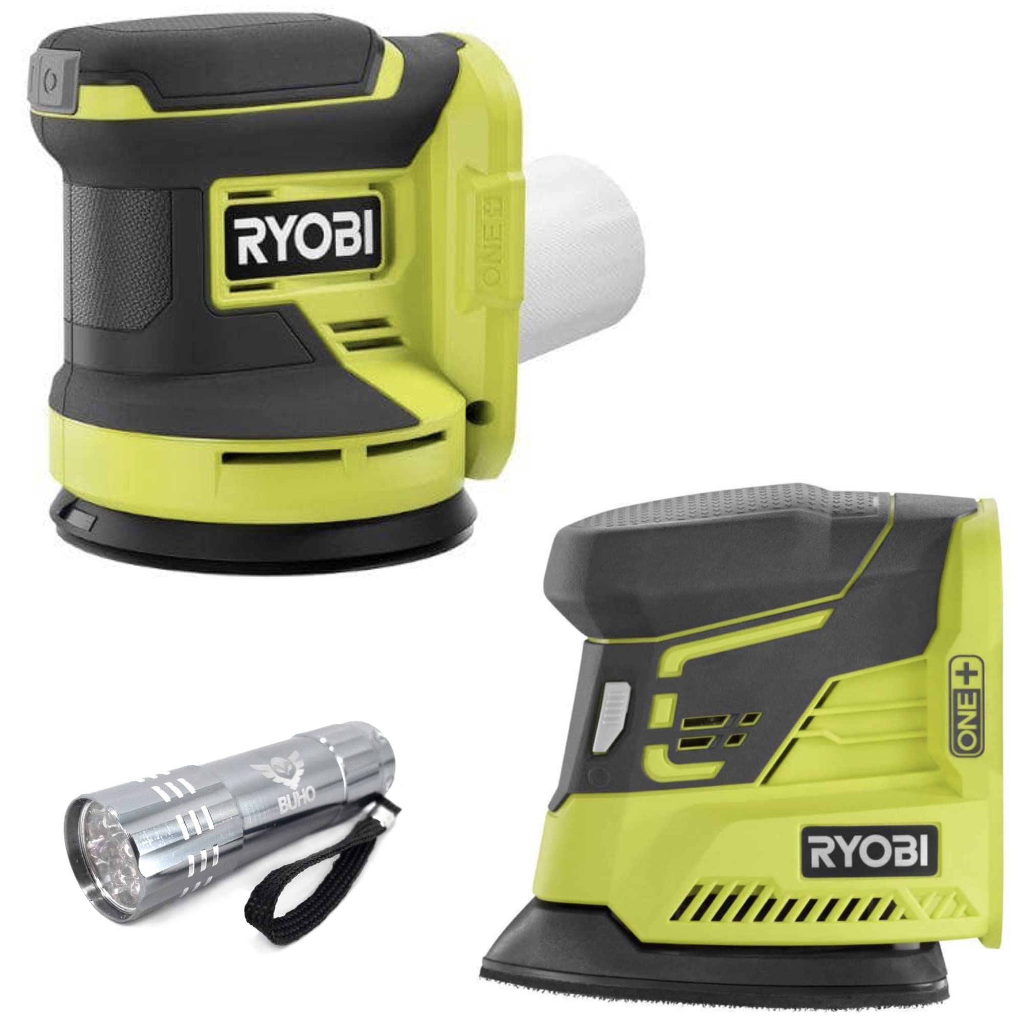 18V Buho Cordless Power Sander Bundle - 5 Inch Random Orbit Sander & Corner Cat Finish Sander with Pocket Flashlight (Bare Tools, No Battery) - Perfect for Woodworking, DIY Projects & Home Renovations