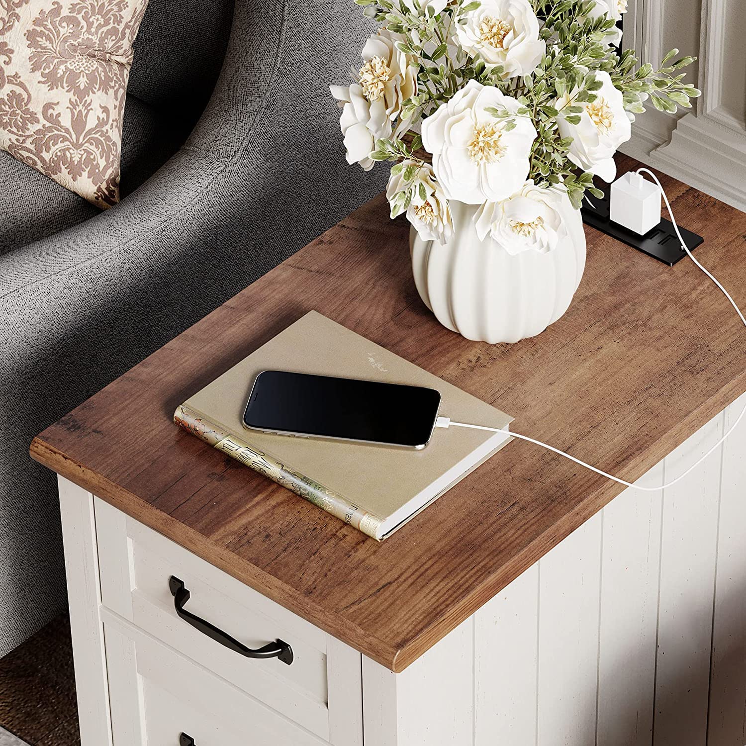 WAMPAT 3-Piece Farmhouse Living Room Table Set - Lift Top Coffee Table with Drawer & 2 End Tables with Charging Station, Off White - Perfect for Small Spaces, Living Room Decor & Nightstand Use