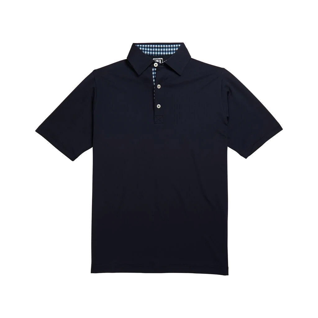 FootJoy Athletic Fit Lisle Solid Gingham Trim Self Collar Navy Men's Golf Polo Shirt - Breathable Performance Top for Golfing & Casual Wear