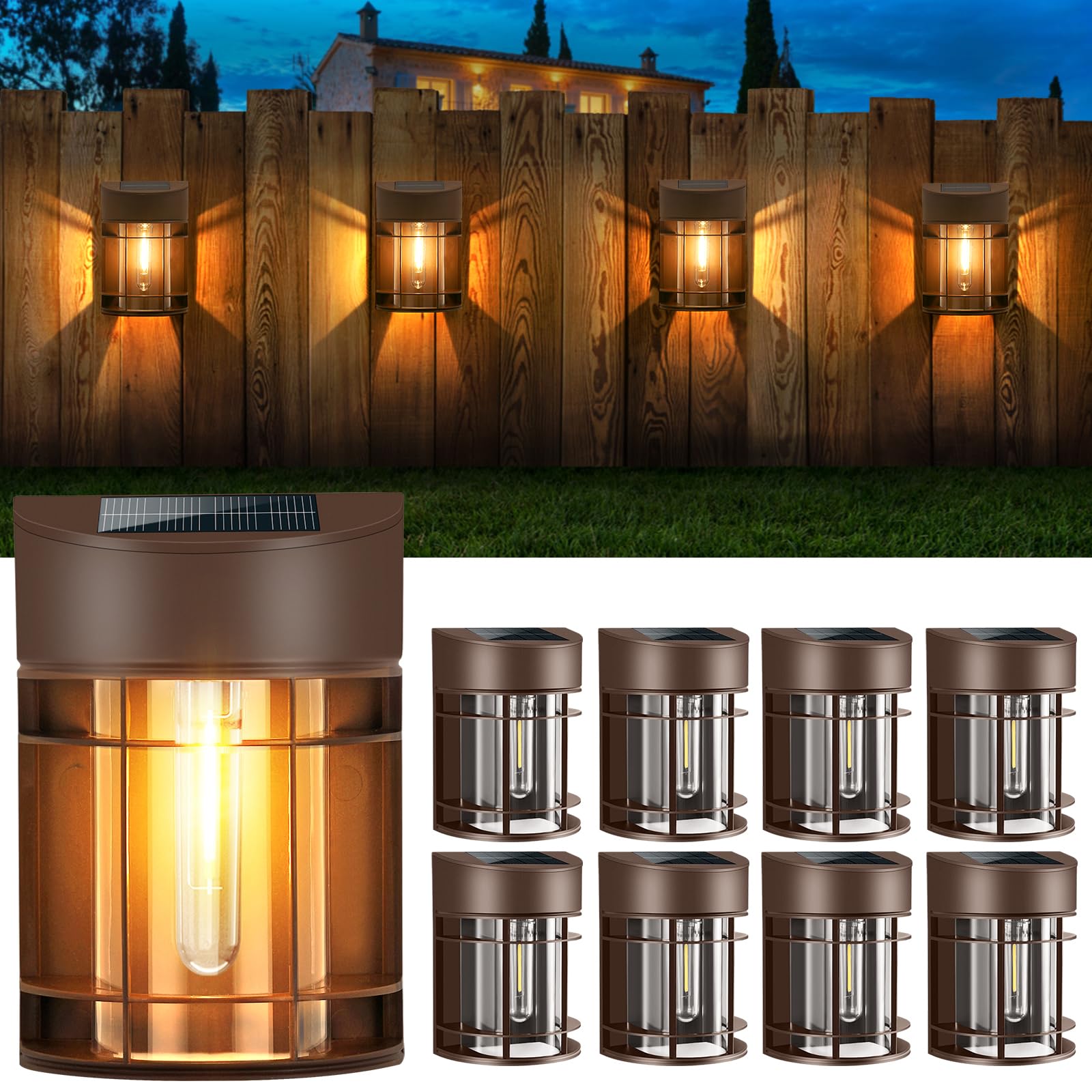 8 Pack Solar Outdoor Lights Waterproof - Auto ON/Off LED Solar Fence & Deck Lights for Garden, Patio, Yard, Porch - Weatherproof Brown Solar Lights for Pathway, Driveway & Landscape Lighting