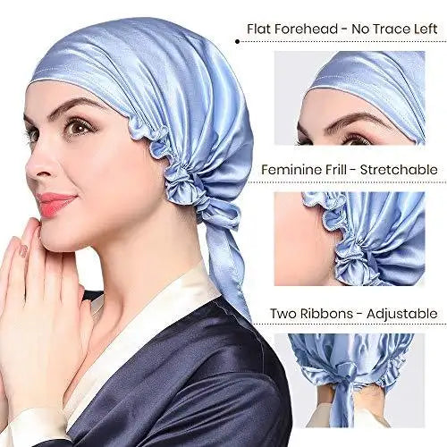 Luxury Silk Sleep Cap with Adjustable Ribbons for Women - Soft & Breathable Night Hair Cover for Sleeping, Travel & Spa